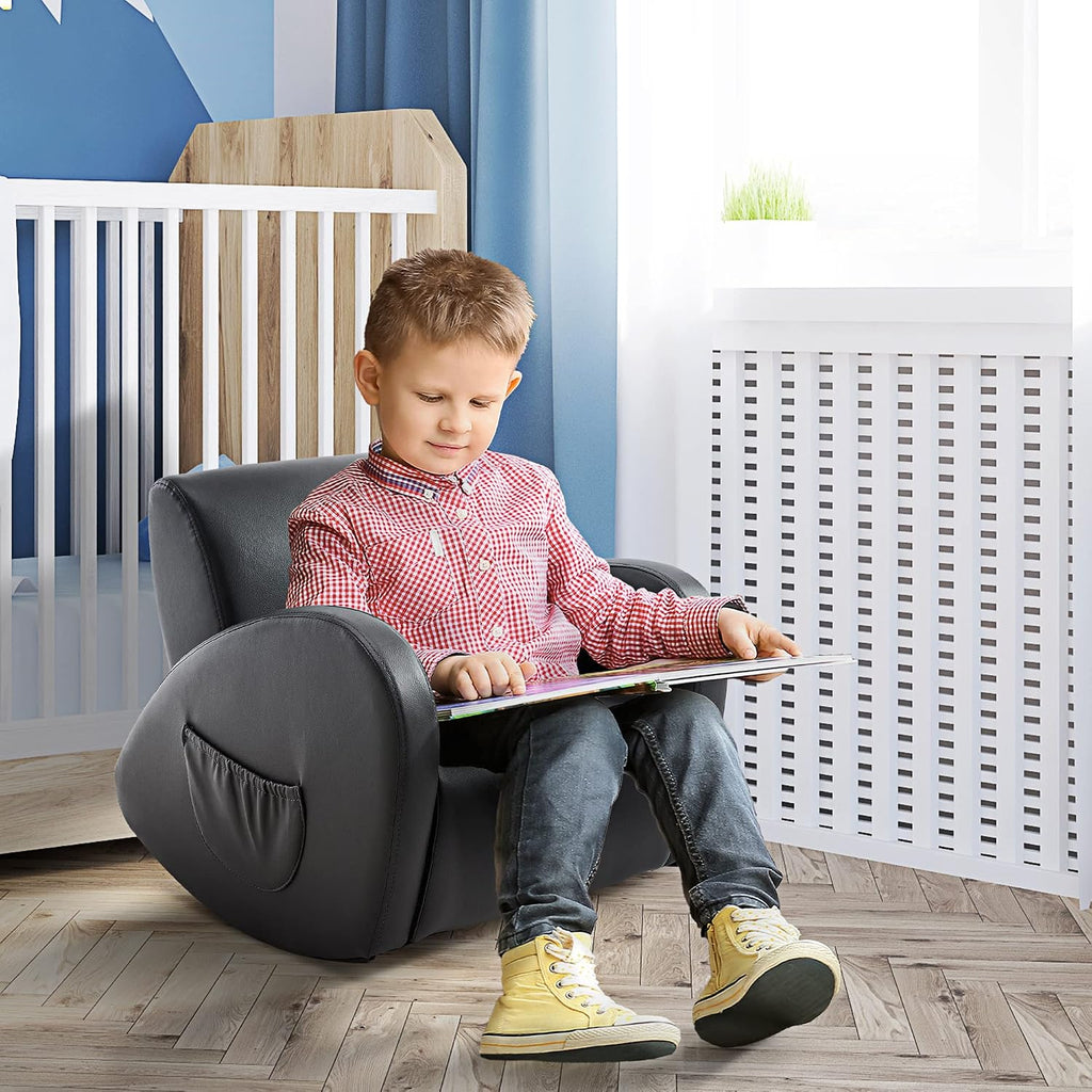 Qaba Kids Sofa Rocking Chair with Side Pocket Toddler Chair Grey | Toddler Armchair, PU Leather, For Children