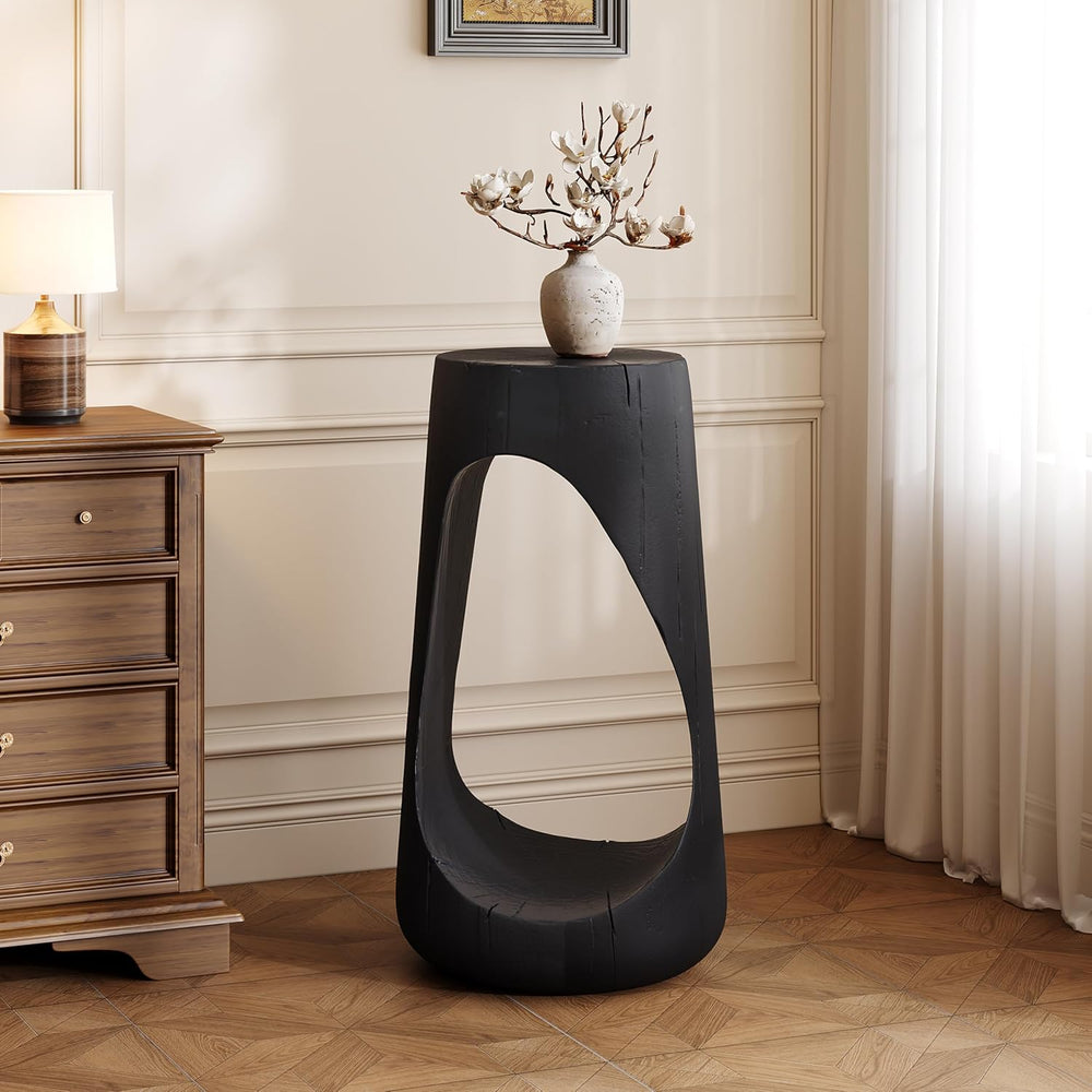 IRONORA Black Hollow Cutout Tree Stump Pedestal Side Table, Faux Wood Organic...