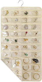 80 Pocket Hanging Jewelry Organizer with Hanger Metal Hooks Storage On Wall Door Closet Double-Sided(Each Side 40 Pockets) Jewelry Holder for Earrings, Necklaces, Rings (4 PACK BEIGE)