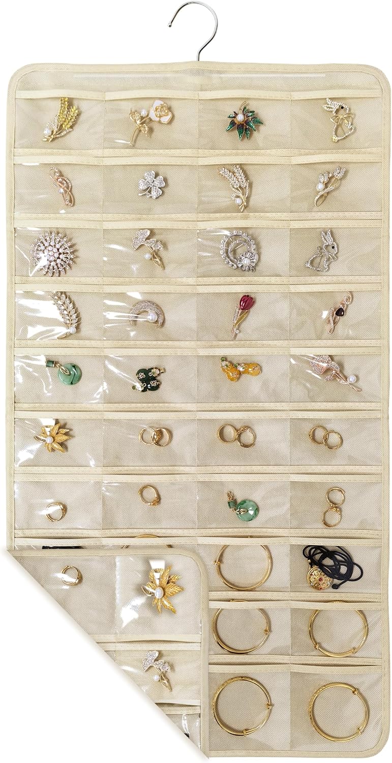 80 Pocket Hanging Jewelry Organizer with Hanger Metal Hooks Storage On Wall Door Closet Double-Sided(Each Side 40 Pockets) Jewelry Holder for Earrings, Necklaces, Rings (4 PACK BEIGE)