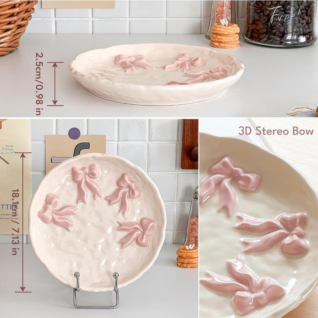Ceramic Jewelry Tray Ring Dish Holder for Women, Trinket Plate Bowl with Pink Bow, Large Jewelry Organizer for Vanity Decor, Home Decoration for Her Mother's Day