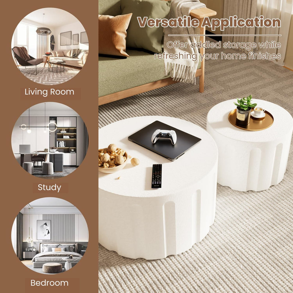 WXFKLDJ Fluted Round Nesting Coffee Table Set of 2, White B, 26.77"+19.69" | Modern Unique Circle Design, Drum Side Tea Table, Space-Saving, No Assembly