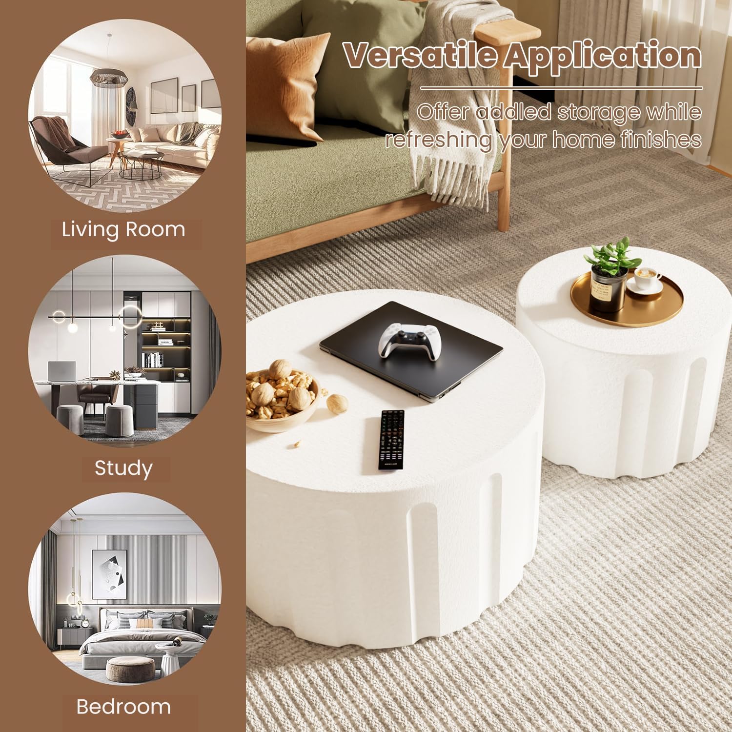 WXFKLDJ Fluted Round Nesting Coffee Table Set of 2, White B, 26.77"+19.69" | Modern Unique Circle Design, Drum Side Tea Table, Space-Saving, No Assembly