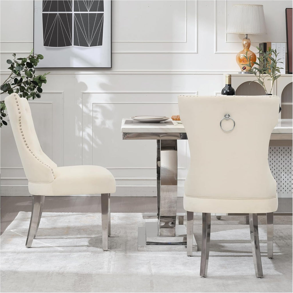 adochr Velvet Dining Chairs Set of 6, Upholstered Kitchen Chairs with Mteal Legs, Modern Button Tufted Back with Square Pull Ring Trim for Dining Room, Beige