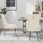 adochr Velvet Dining Chairs Set of 6, Upholstered Kitchen Chairs with Mteal Legs, Modern Button Tufted Back with Square Pull Ring Trim for Dining Room, Beige