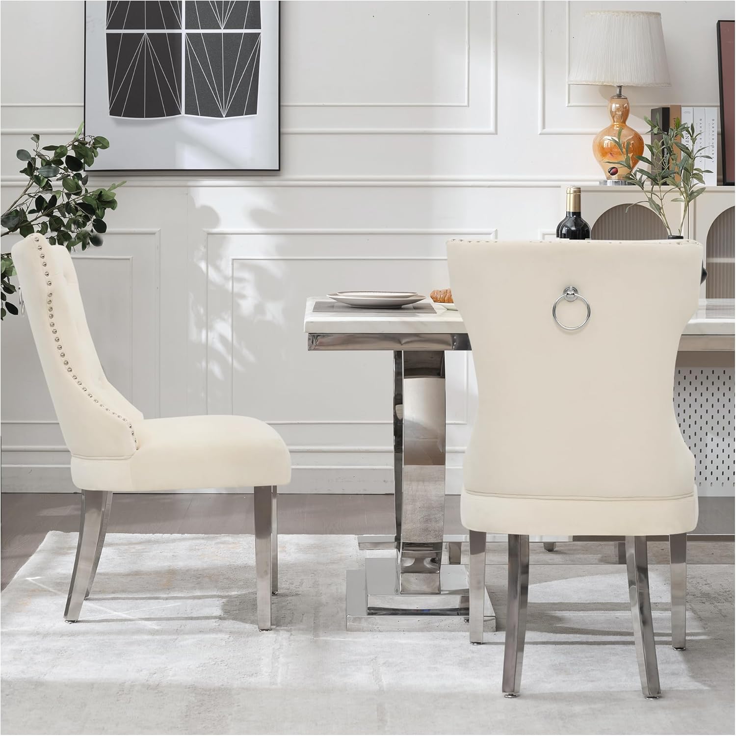 adochr Velvet Dining Chairs Set of 6, Upholstered Kitchen Chairs with Mteal Legs, Modern Button Tufted Back with Square Pull Ring Trim for Dining Room, Beige