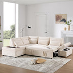 Ball & Cast Modular Convertible L-Shaped Sectional Sleeper Sofa Bed Pull Out Couch with Moveable Storage Ottoman,Oversized Chenille Pull-Out Sofa Bed W/Reclining Armrest&USB Port,for Living Room,Beige
