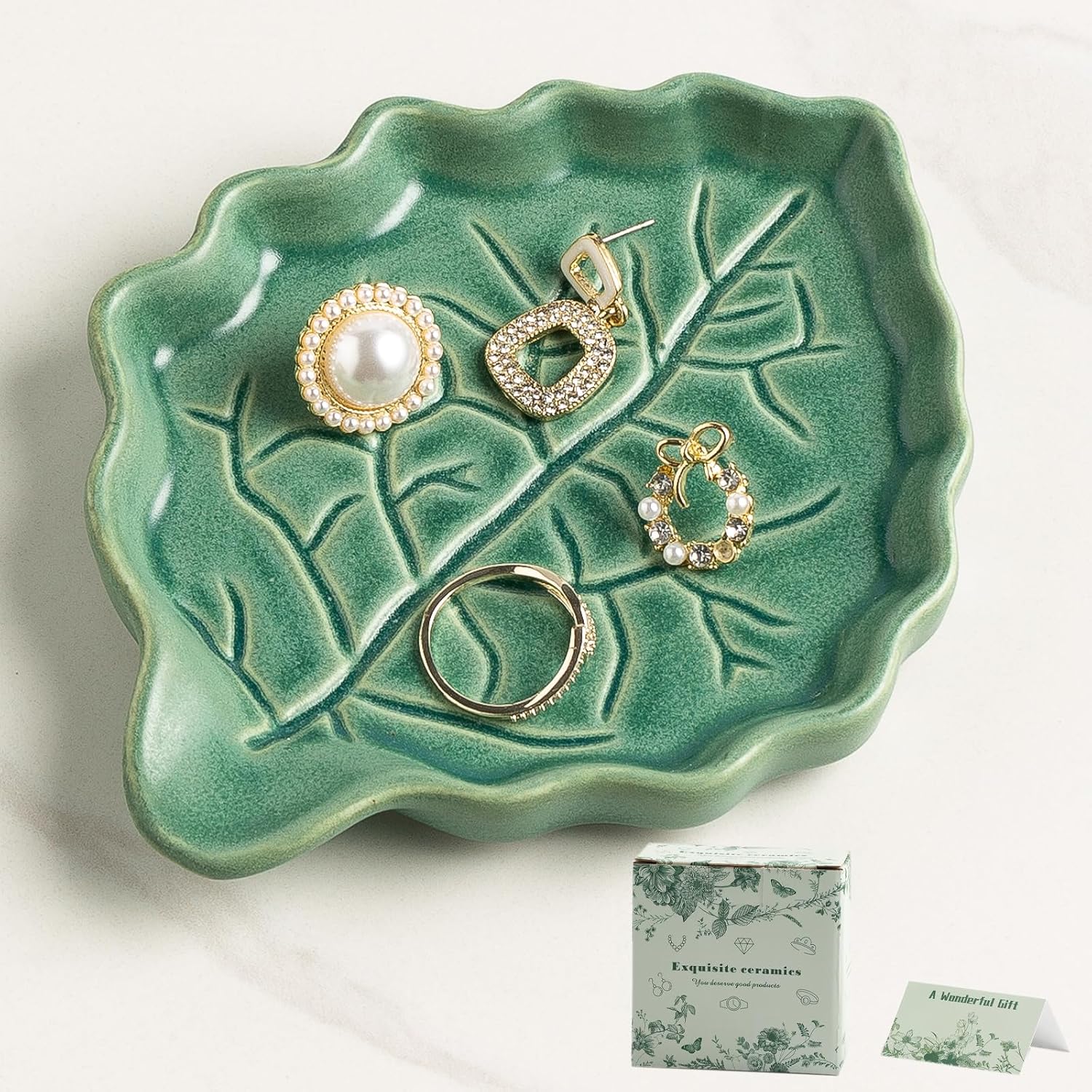 Ceramic Leaf Ring Dish, Small Trinket Tray with Gift Box | Holds rings, earrings, necklaces, keys, coins, and hair clips in one easy-to-see spot for daily use at home