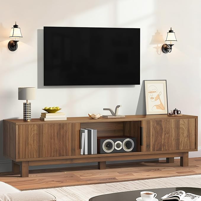 DWVO Fluted TV Stands for Living Room, Entertainment Center for TVs up to 65 Inch, Mid Century Modern Media Console with Power Outlets & Storage Compartments, 59" Long TV Cabinet, Walnut