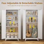 Polup 75" Tall Metal Kitchen Pantry Storage Cabinet with Doors and Shelves | White Freestanding Cupboard, 5-Tier Heavy Duty, 4 Adjustable Shelving, Gold Handles, for Garage, Dining Living Room, Office