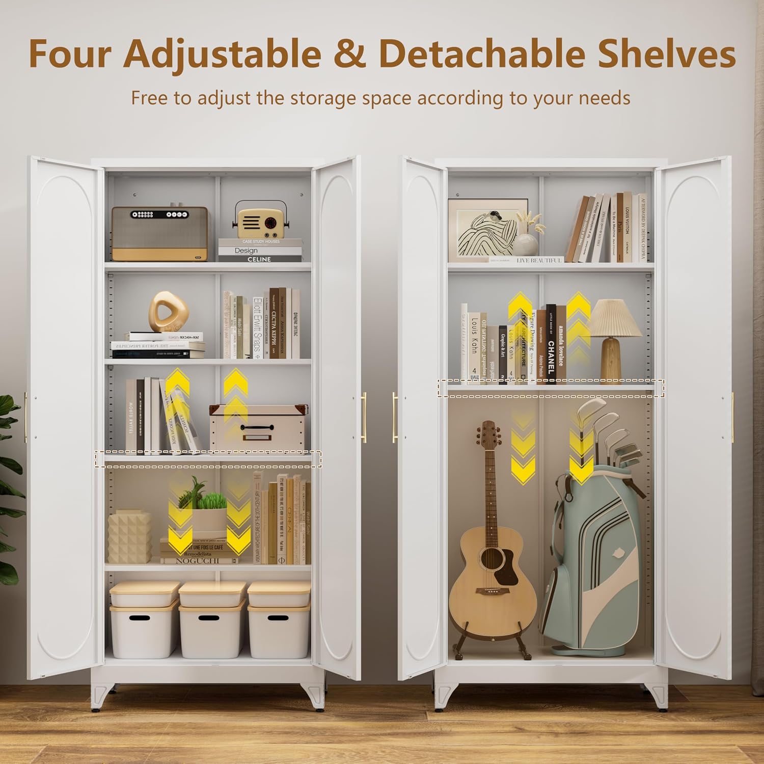 Polup 75" Tall Metal Kitchen Pantry Storage Cabinet with Doors and Shelves | White Freestanding Cupboard, 5-Tier Heavy Duty, 4 Adjustable Shelving, Gold Handles, for Garage, Dining Living Room, Office