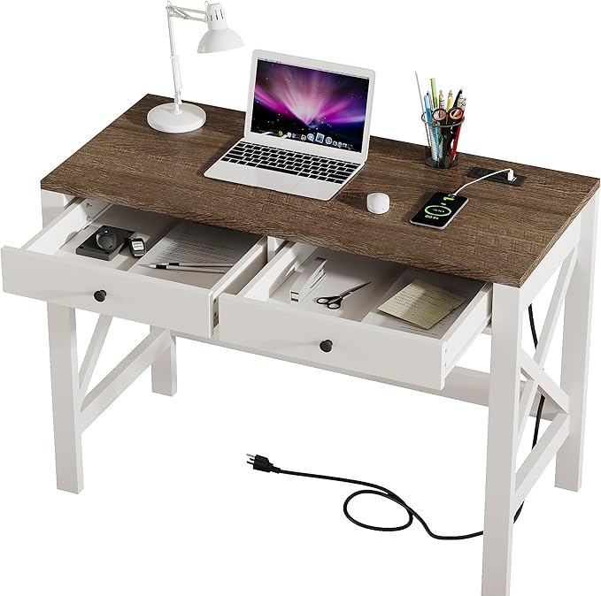 ChooChoo Farmhouse Desk with USB Charging Ports and Power Outlets, 39" Computer Desk with Drawers, Small Study Writing Table with Stable X Frame for Home Office