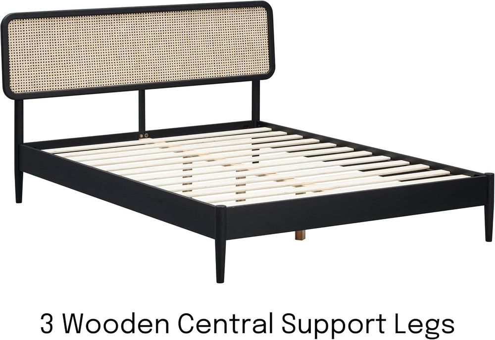 NTC Lupin Wooden Bed Frame with Headboard and Natural Rattan, Solid Oak Found...