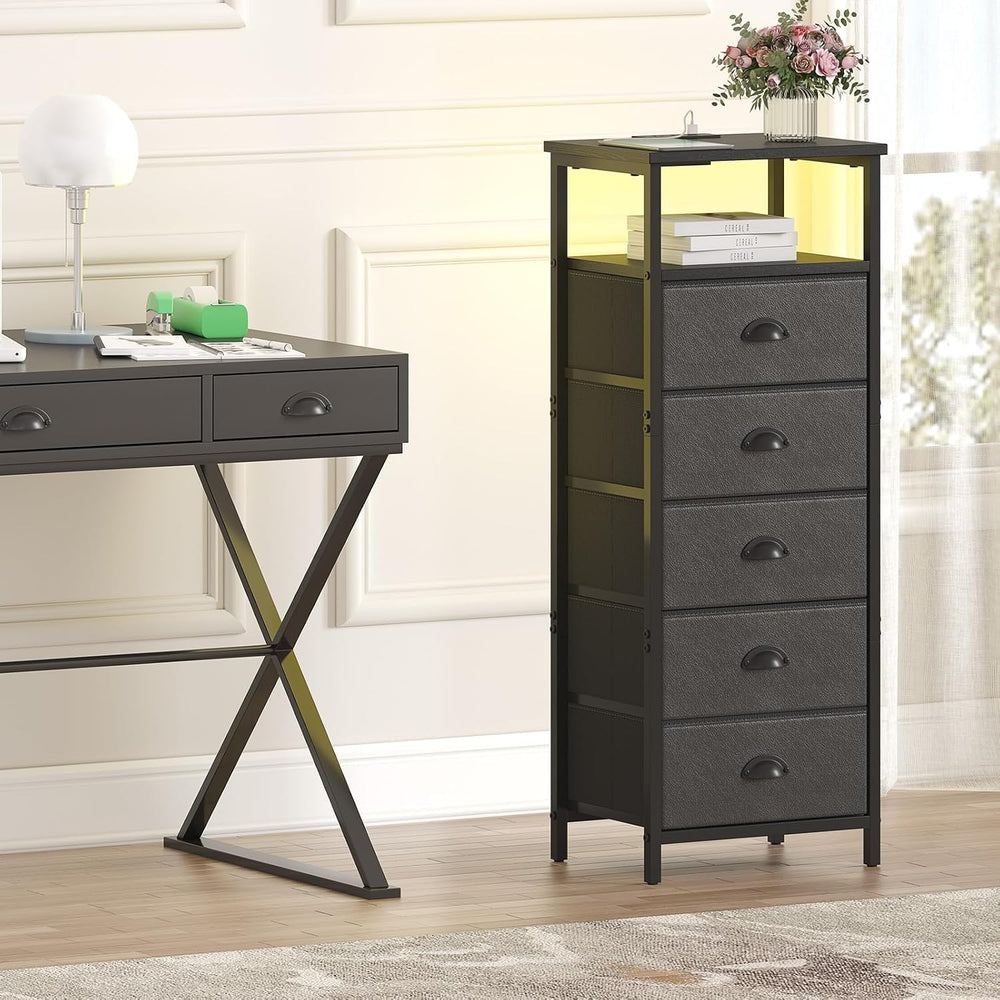 Nightstand with Charging Station,LED Black Nightstands with 5 Fabric Drawers ...