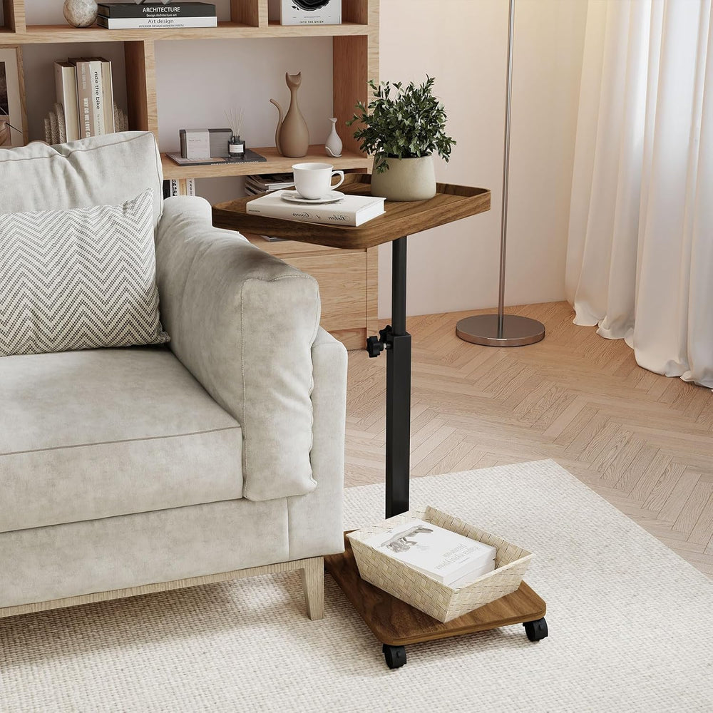 End Table, Adjustable Height Side Table, 360° Rotating MDF Veneer Sofa Side T...