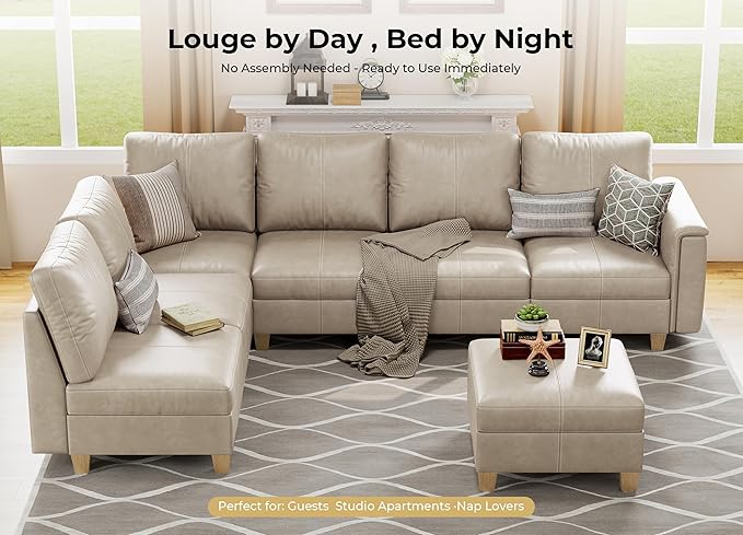 SITJOY 118" Faux Leather Modular Sectional Sofa with Storage, Mid Century Modern Sectional Couches for Living Room, Soft Padded Armrests, 7 Seat L Shaped Couch with Ottoman, Greige