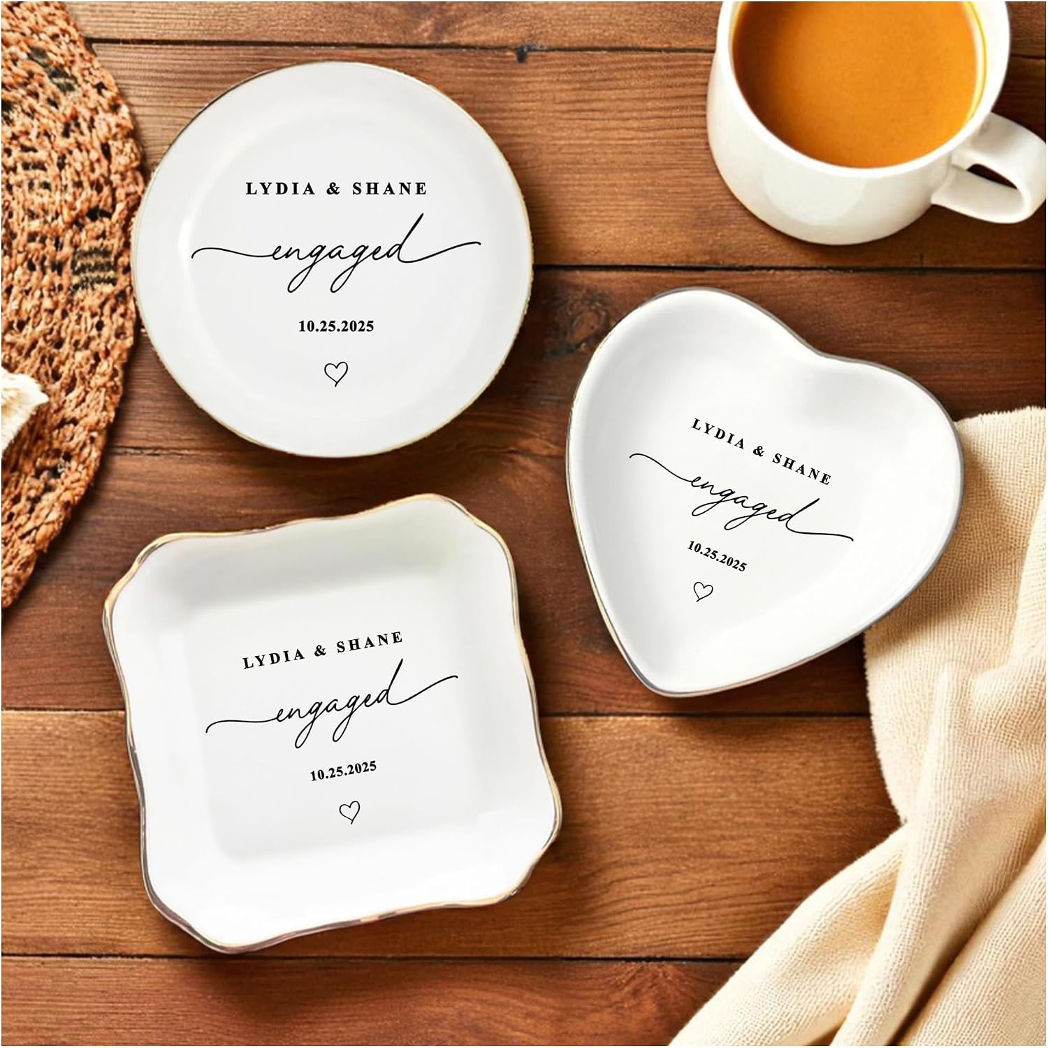 Personalized Ring Dish Engagement Gift for Couples - Custom Ceramic Jewelry Tray for Bride, Her, Women & Friends - Monogrammed Wedding Gifts, Trinket Dish for Rings and Earrings, Bridal Shower Gift