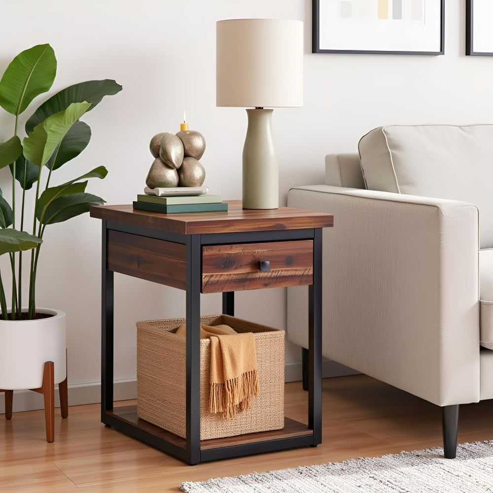 Claremont Rustic Solid Wood End Table with Drawer and Shelf – Farmhouse Accen...