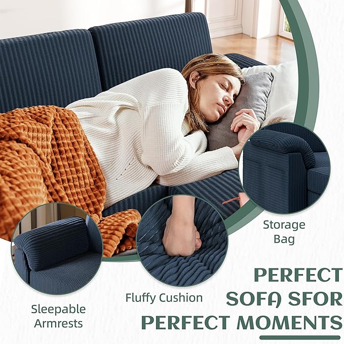 Vongrasig Convertible Sectional Sofa Couch, 3 Seat L Shaped Sofa with Removable Pillows Soft Corduroy Fabric Small Couch Mid Century for Living Room, Apartment and Office (Blue)