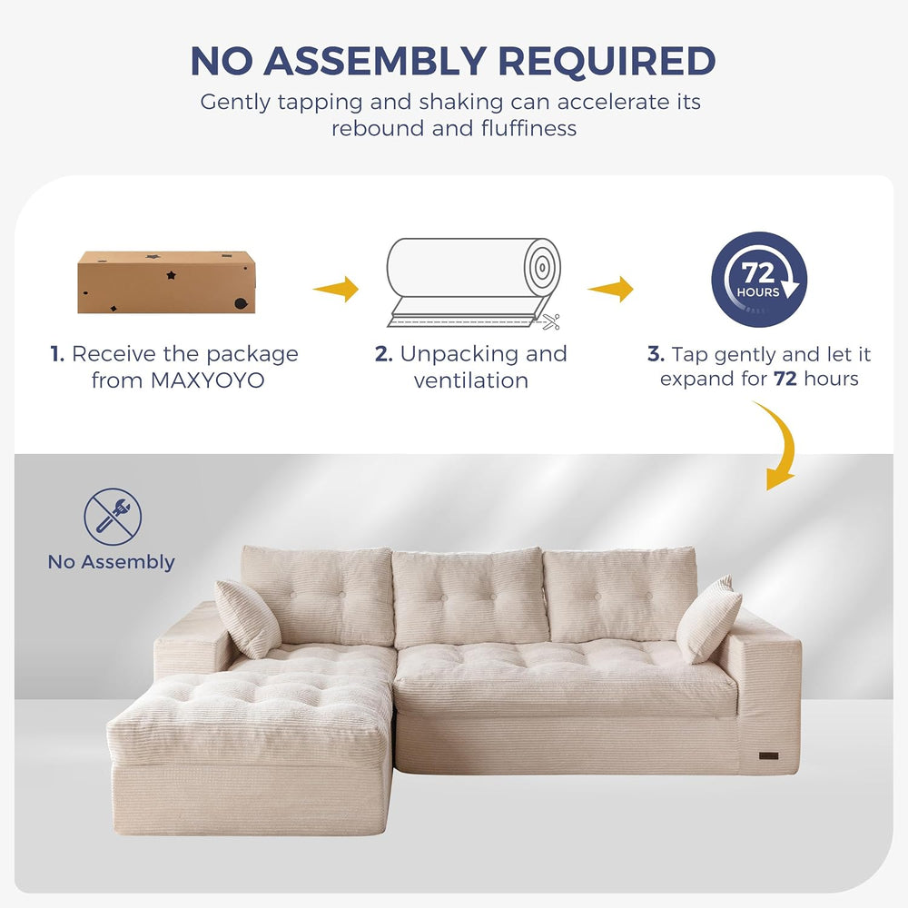 MAXYOYO Couch, 96-Inch L-Shaped Cloud Couch with Ottoman | Beige Layered Cush...