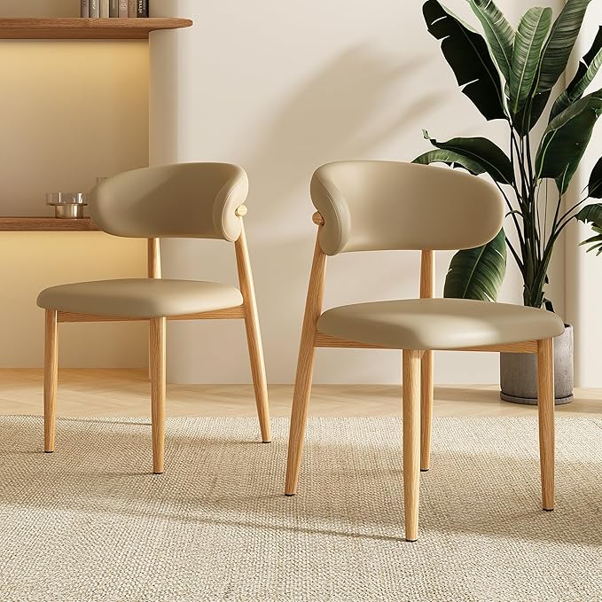 Dining Chairs Set of 2 for Kitchen Dining Table Mid Century Modern Farmhouse Upholstered Leather Dining Room Chairs with Metal Legs, Original Khaki