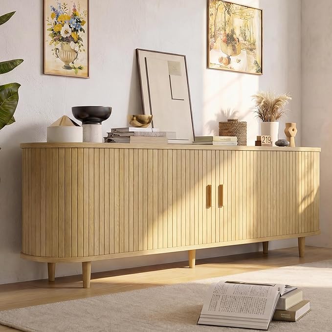 65" Mid Century Modern TV Stand, Wood TV Consoles with Sliding Doors and Power Outlet, Fluted Entertainment Center with Adjustable Shelves, Media Console for Living Room, Oak