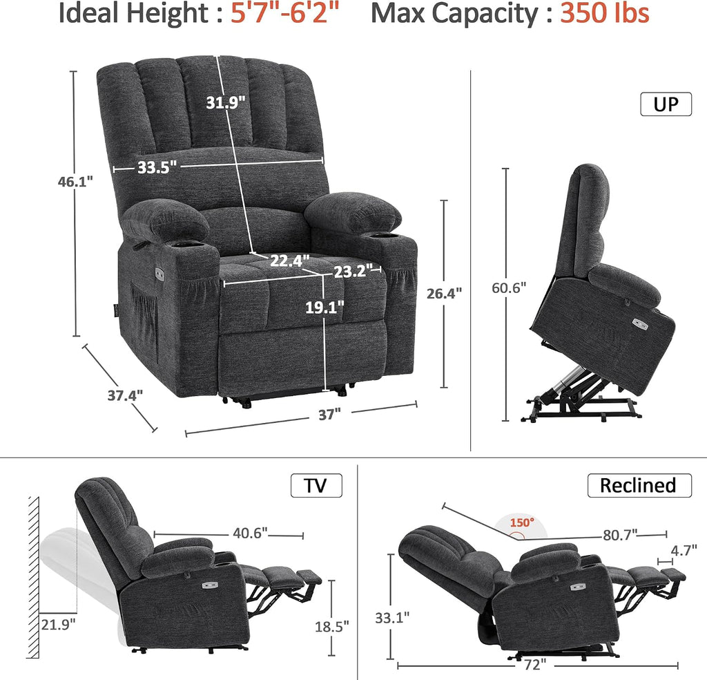 MCombo Large Power Lift Recliner Chair for Elderly, Lift Chair with Heat and Massage, 3 Positions, USB Charge Ports, Cup Holders, Fabric 7099 (Large, Dark Grey)