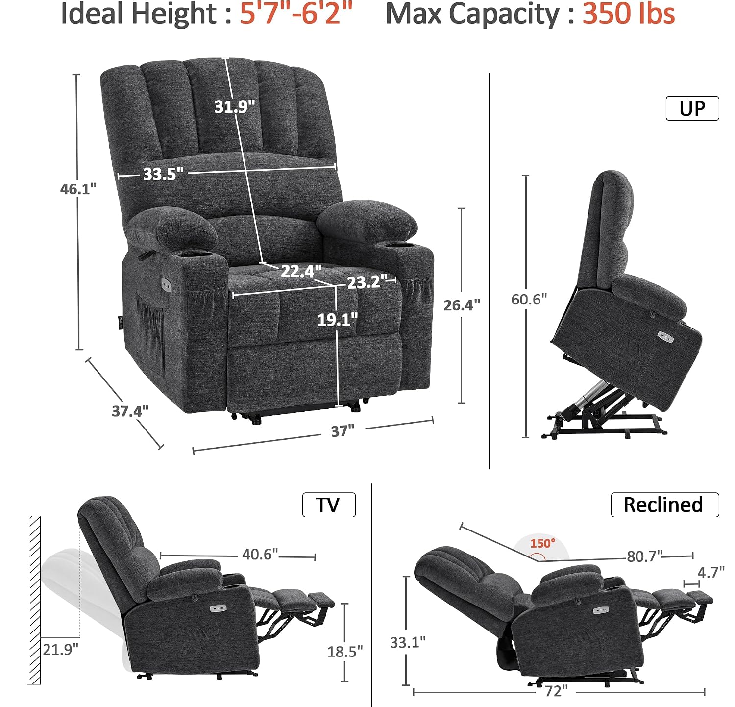 MCombo Large Power Lift Recliner Chair for Elderly, Lift Chair with Heat and Massage, 3 Positions, USB Charge Ports, Cup Holders, Fabric 7099 (Large, Dark Grey)