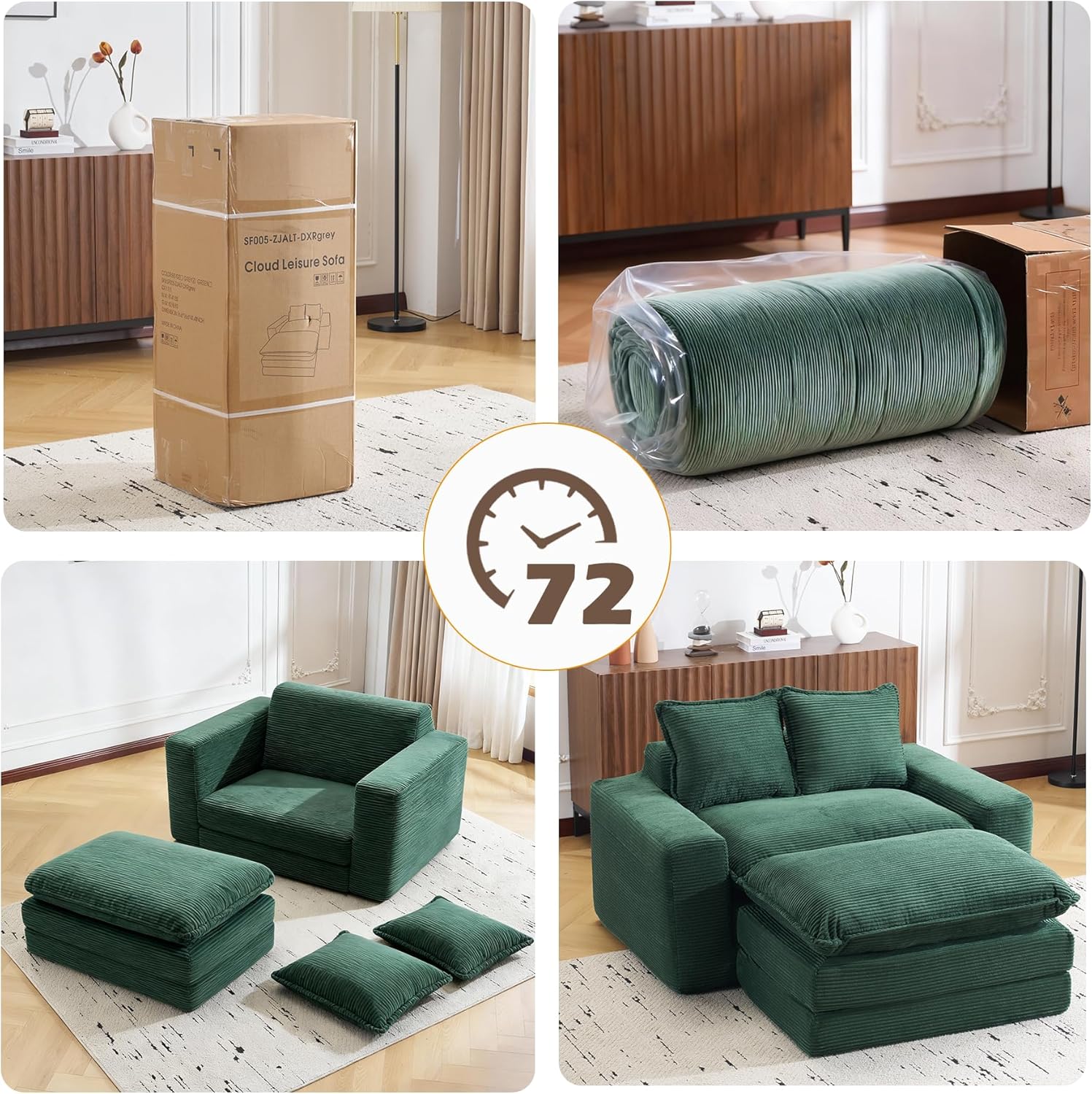 58" Sofa Bed with Ottoman, 3 in 1 Convertible Sofa Bed Folding Corduroy Boneless Sleeper Loveseat Mattress Futon Pull Out Couch Bed for Apartment Bedroom Living Room No Assembly 58-Green-L
