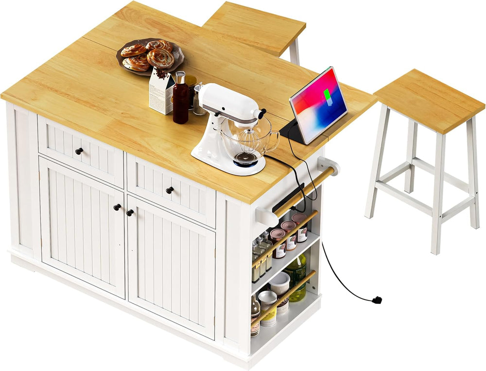 48" Kitchen Island in White with 2 Stools & Power Outlet | Includes ...