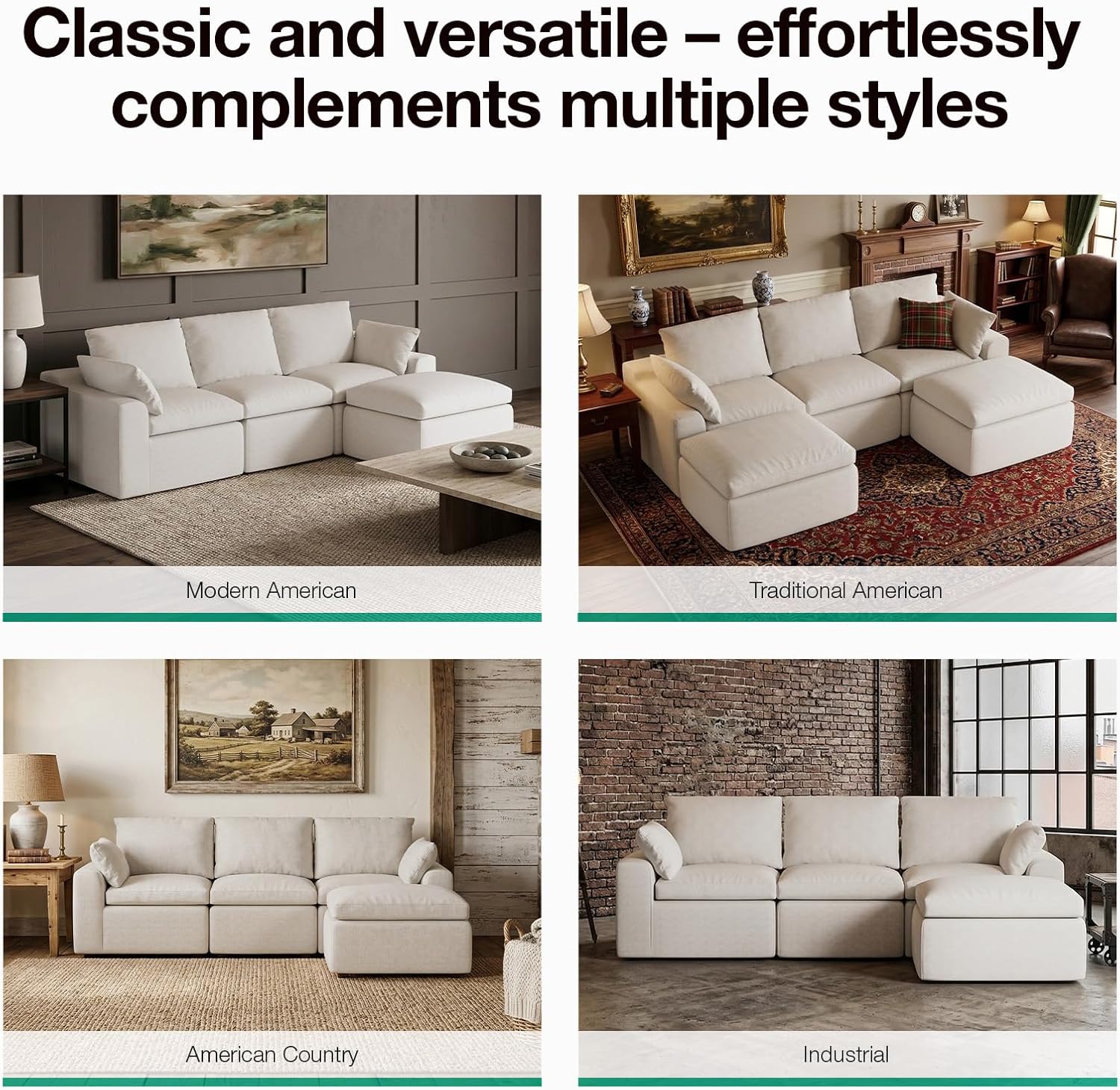 Novilla 104.3" Modular Cloud Couch, Modern Sectional Sofa with Smarts Coil® Support, Chenille Fabric, Upholstered Couch for Living Room Apartments Bedroom, No Assembly, 3 Seater + 1 Ottoman, White