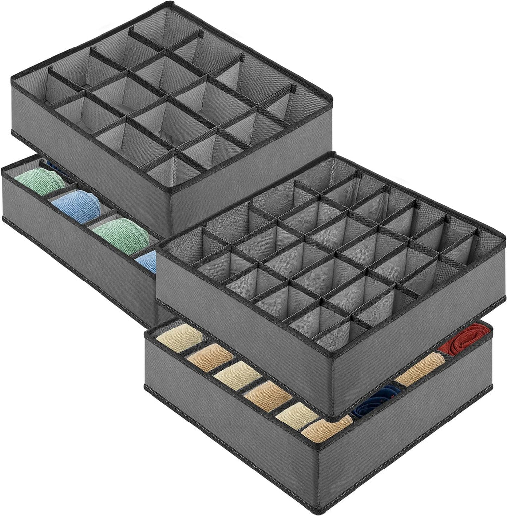 24-Cell Drawer Organizer, 4-Pack 12x12x4in Gray | Foldable storage box, 24 cells, 12x12x4 inches, maximizes drawer/wardrobe space, for socks/underwear/bras/ties.