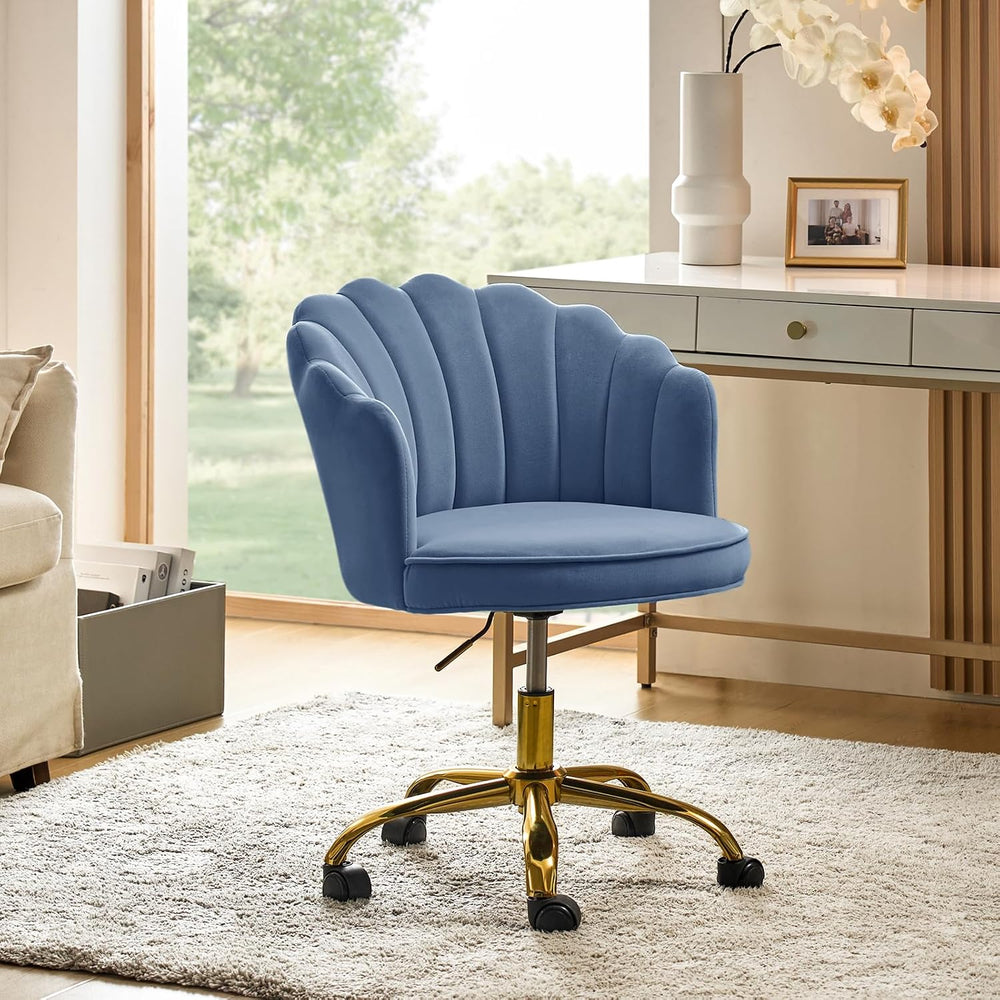 HULALA HOME Velvet Home Office Desk Chair with Gold Base, Slate-Blue | Adjust...