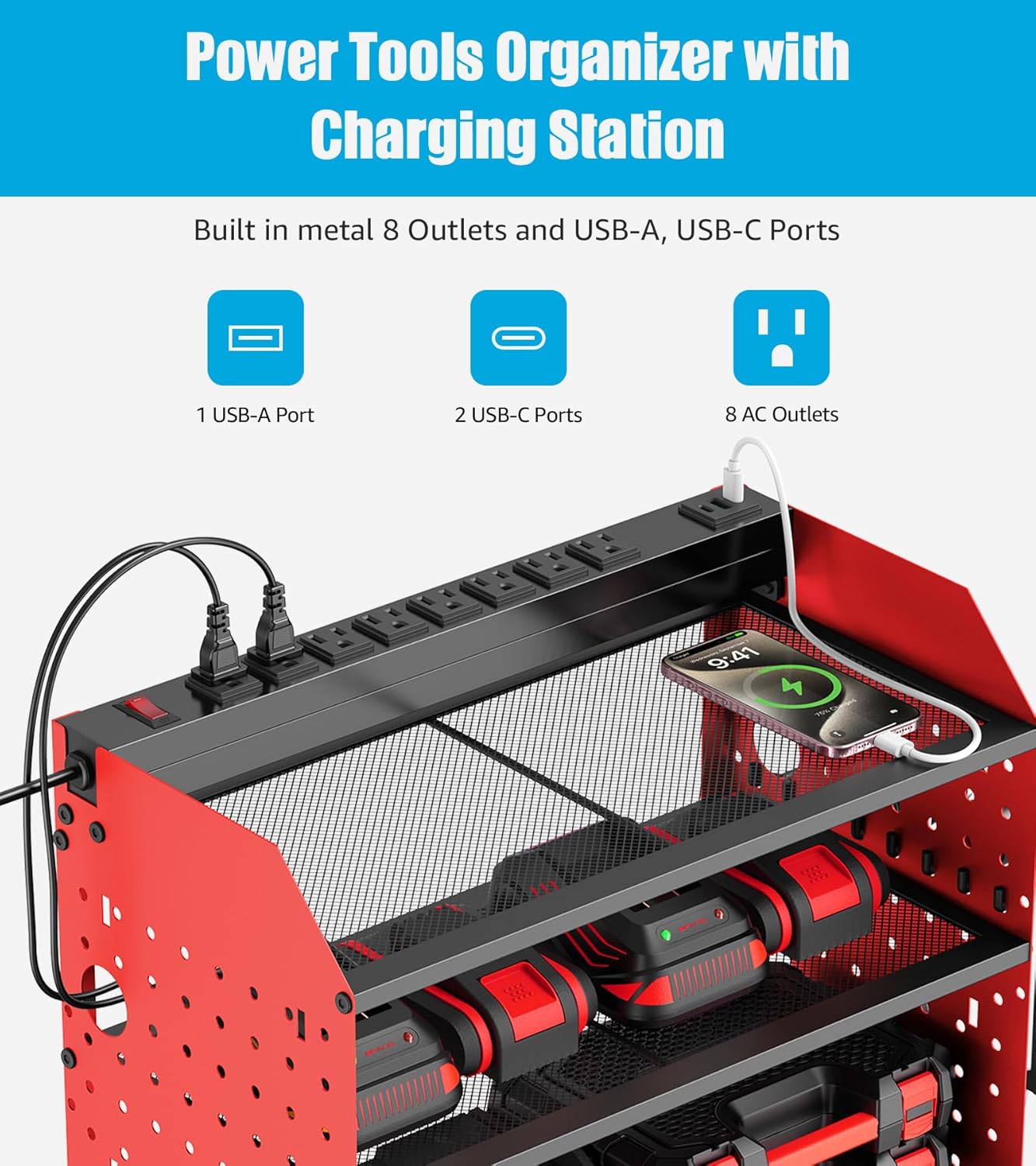 CCCEI Modular Power Tools Organizer with USB Charging Station, 4 Layer Drills and Battery Storage Wall Mount, Garage Shop Organization, Anniversary, Birthday, Gifts for Men, Father, 6FT Cord, Red.