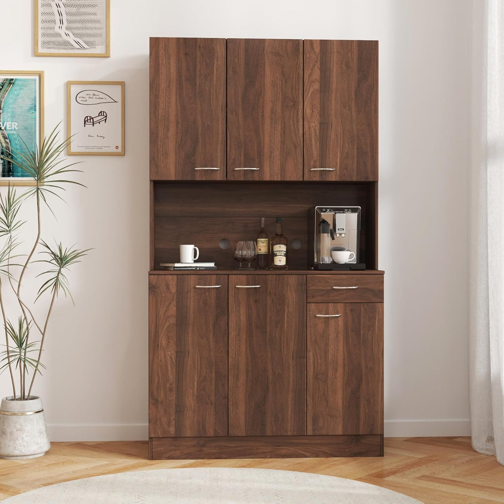 70.87 Inch Tall Kitchen Pantry Storage Cabinet with 6 Doors, 1 Drawer & Open Shelf – Versatile Hutch Cabinet for Ample Organization, Ideal as Pantry, Sideboard or Coffee Bar Cabinet, Dark walnut