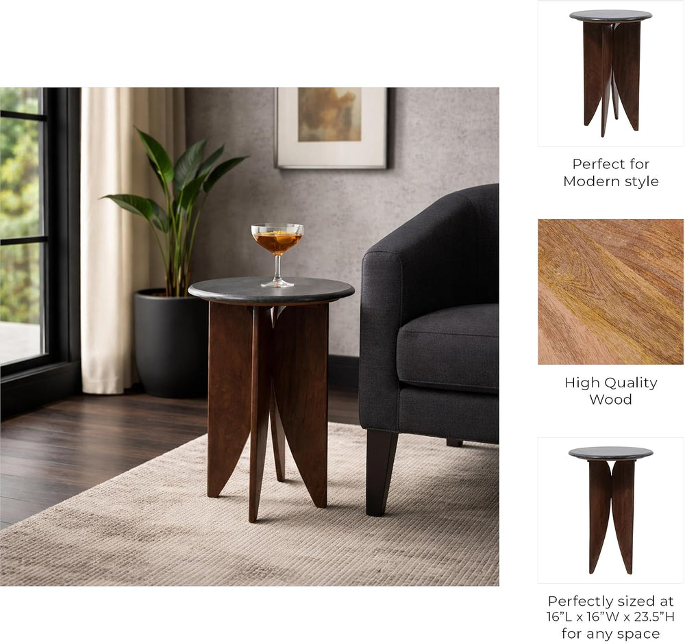 Mango Wood Base and Stone Top for Small Spaces - Round End and Side Table for...