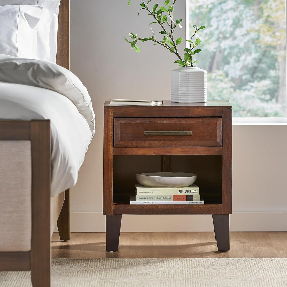 roomfitters Industrial Brown Acacia Wood End Table, Luxury 1-Drawer Storage N...
