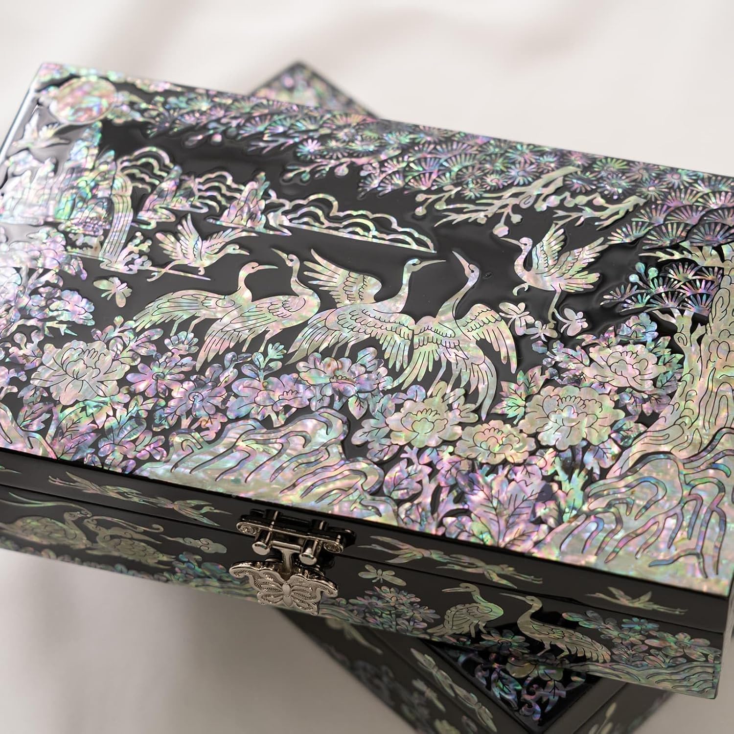 Mother of Pearl Jewelry Organizer box - Handmade Large Wooden Box Romantic Anniversary Birthday Gifts for women (Crane)