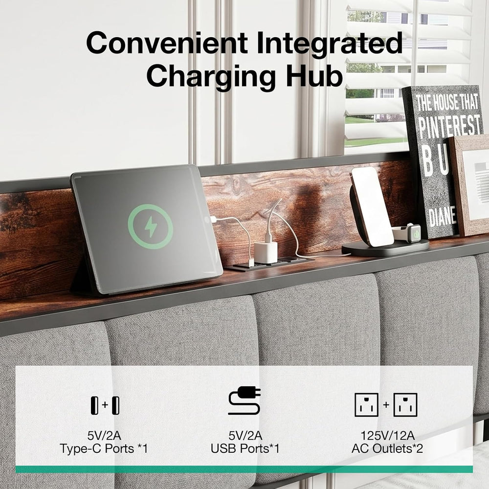 Novilla Queen Bed Frame with Charging Station & Storage Headboard, Modern...