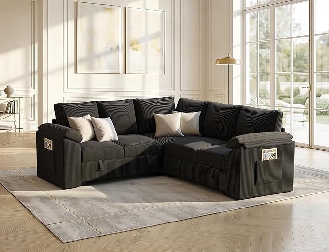 85 Inch Sectional Sleeper Sofa Bed with Pull Out Couch, U Shaped 5 Seat Cloud Modular Sectional Sofa with Storage, Corduroy Sectional Couches for Living Room, Removable Sofa Cover, Dark Grey