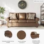 Signature Design by Ashley Shadsburne Rustic Faux Leather Sofa with Nailhead Trim and 2 Throw Pillows, Brown