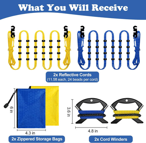 2 Pack Travel and Camping Clothesline - 2 Reflective cords (11.5 ft Each, 48 Beads), 2 Cord Winders & 2 Zippered Bags. Portable Clothes Line for Cruise, Hotel & Outdoor. Laundry Drying Rope