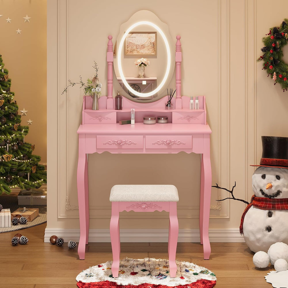 Vanity Desk with Mirror and Lights, Makeup Table with Cushioned Stool Set | M...