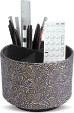 lizimandu Round Leather Art Supply Organizer,Remote Control Holder,360 Degree Spinning,Multi-Functional Pencil Holder,4 Compartments Desktop Stationary Organizer(1-Carved Cooper Gold)