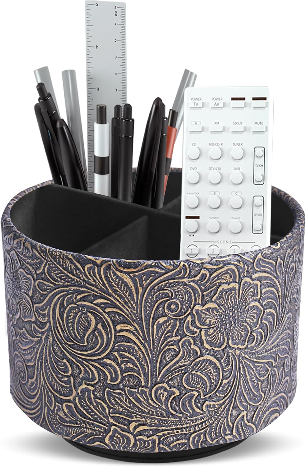 lizimandu Round Leather Art Supply Organizer,Remote Control Holder,360 Degree Spinning,Multi-Functional Pencil Holder,4 Compartments Desktop Stationary Organizer(1-Carved Cooper Gold)