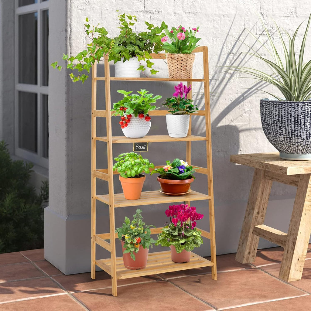 Giantex Ladder Shelf, 4 Tier Bamboo Ladder Bookshelf, 48’’ Tall Freestanding Bookcase Storage Rack Plant Stand for Living Room, Balcony, Office, Bedroom, Farmhouse Wooden Ladder Bookshelf, Natural