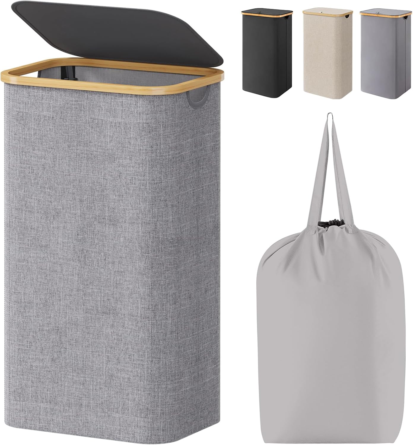 Lifewit 100L Laundry Basket with Lid, Clothes Hampers for Laundry with Bamboo Handles and A Removable Laundry Bag, Large Foldable Hamper for Bedroom, Bathroom, Dorm, Laundry Room, Light Gray