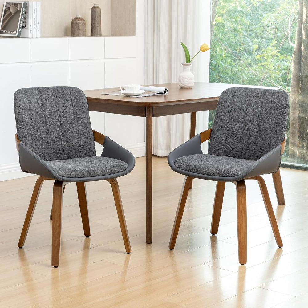 Dining Room Chairs Set of 4, Mid Century Modern Gray Fabric+Faux Leather Kitc...