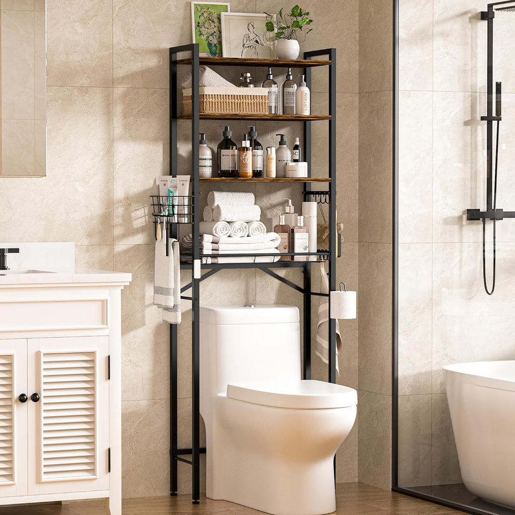 TETOTE Over Toilet Bathroom Organizer, 4-Tier Bathroom Over The Toilet Storage with Adjustable Shelf and Basket, Freestanding Space Saver Bathroom Shelves Above Toilet for Room(Brown)