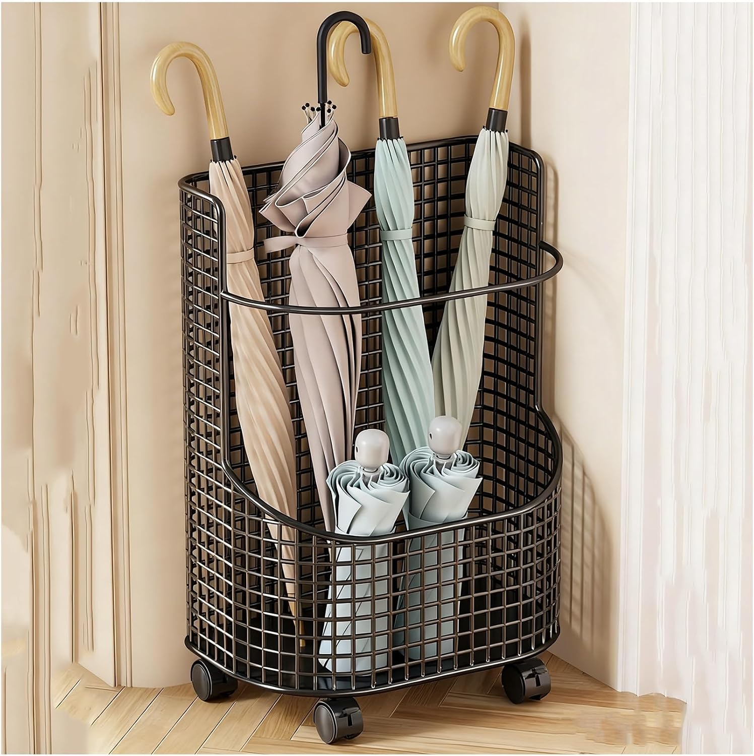 Hollow-out Umbrella Stand with Wheels/without Wheels Commercial Umbrellas Holder H 17.7/19.7" Multifunctional Cane Holder with Divided Storage Iron Frame